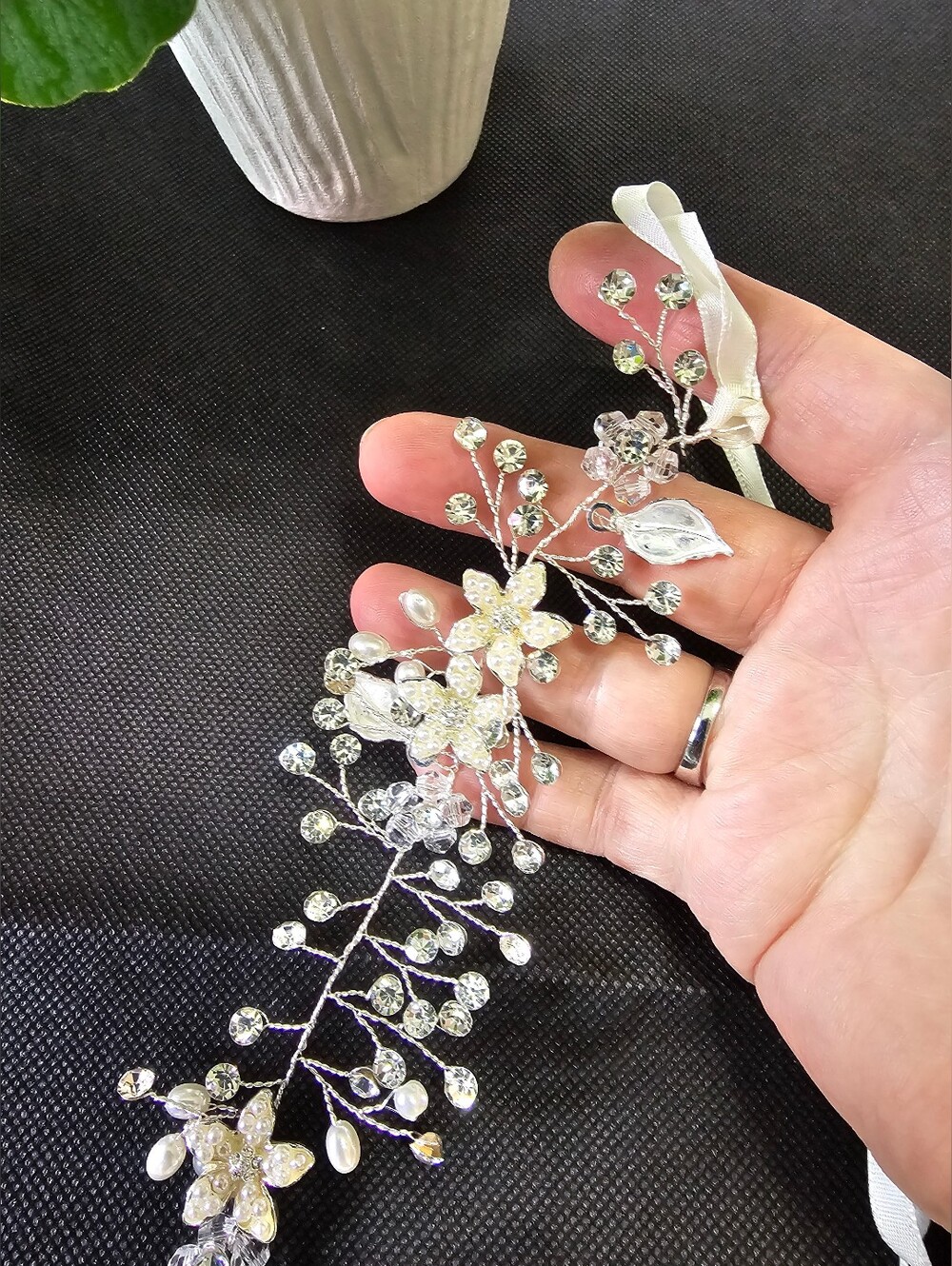 Bridal Ribbon Hair Vine with Pearls and Crystals - Ivory - Picture 3 of 6